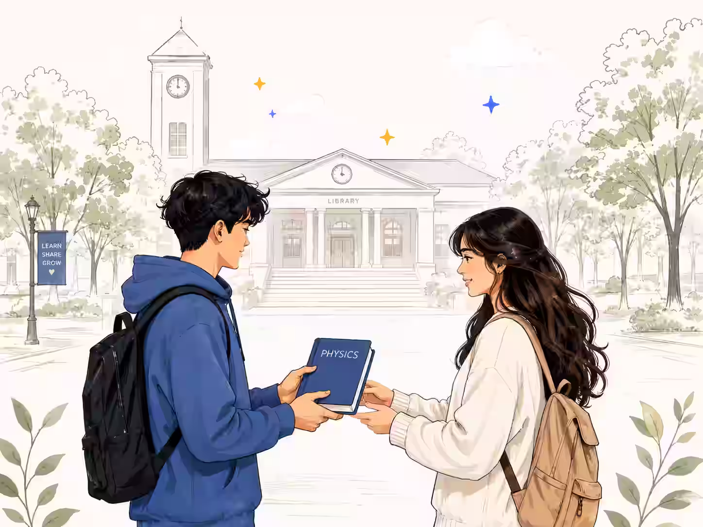 Students exchanging a book on campus